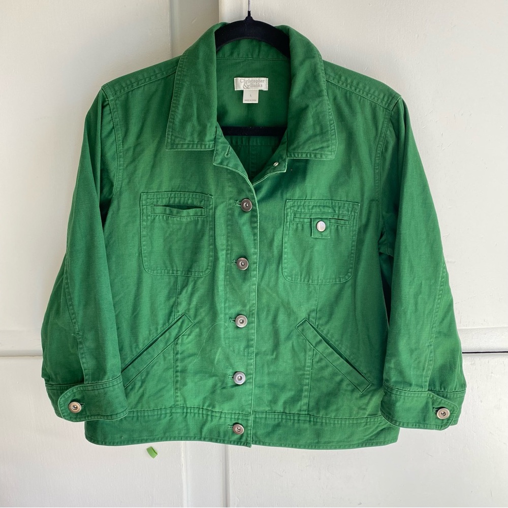 Christopher & Banks Spring Green Perfect Cotton Twill Button 3/4 Sleeve Jacket M
